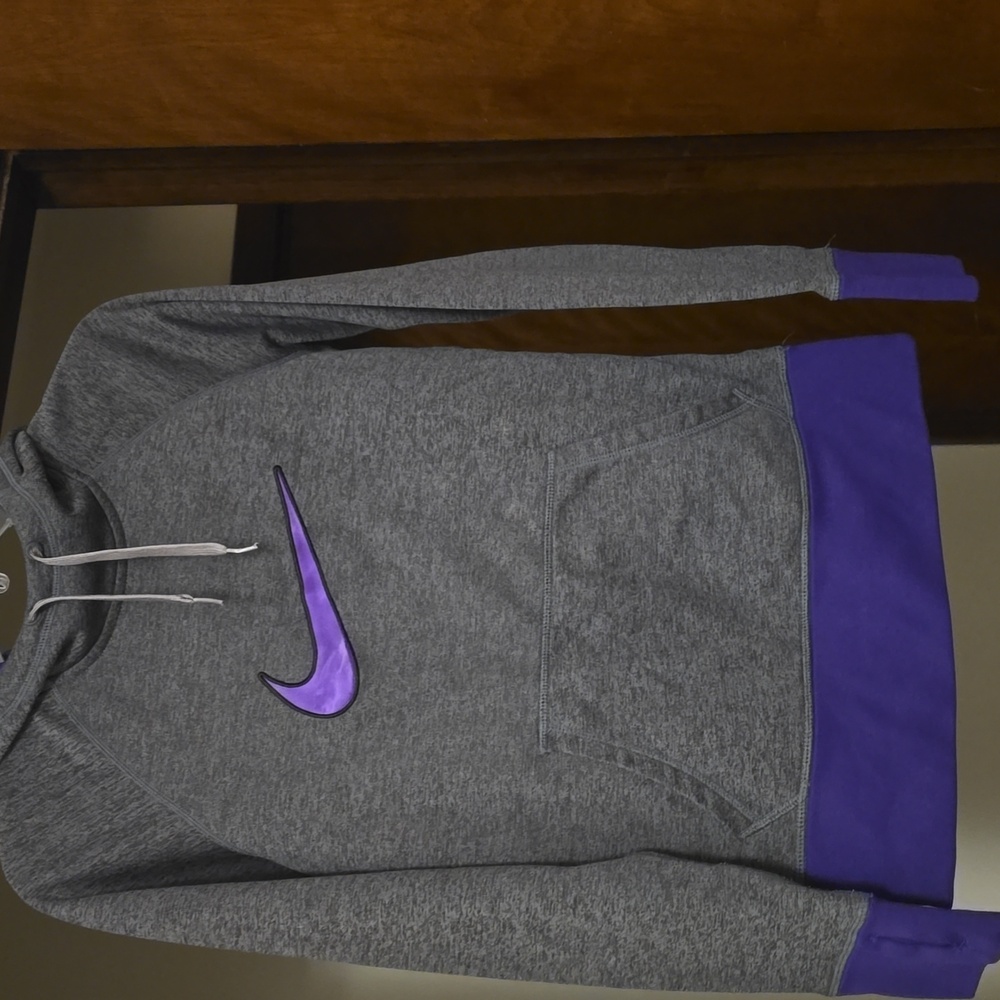 Nike Heather Gray Hoodie with Purple Logo Therma-Fit